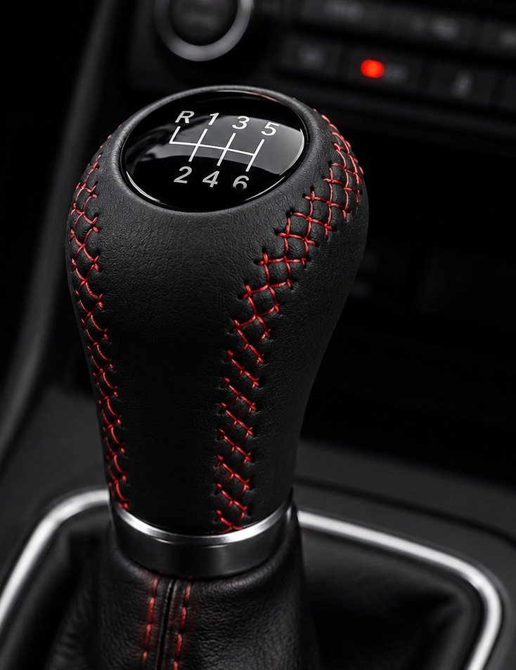 Diamond-stitched custom leather gear knob with contrast red stitching by Guru Leather Motor Trimmer