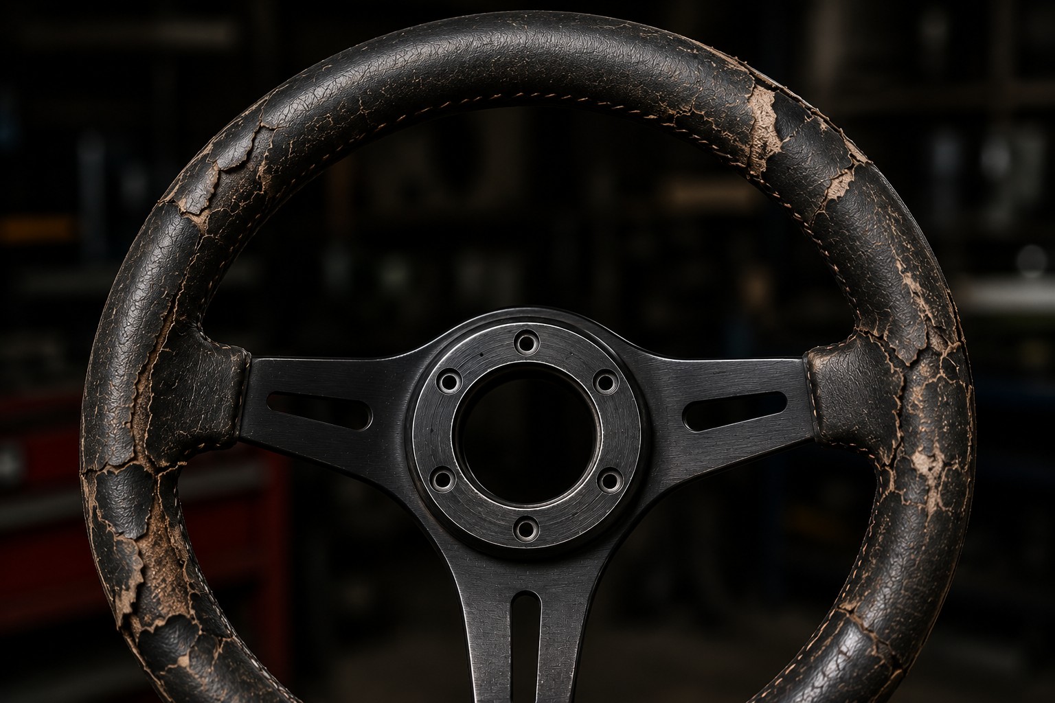 Before: cracked and peeling steering wheel leather